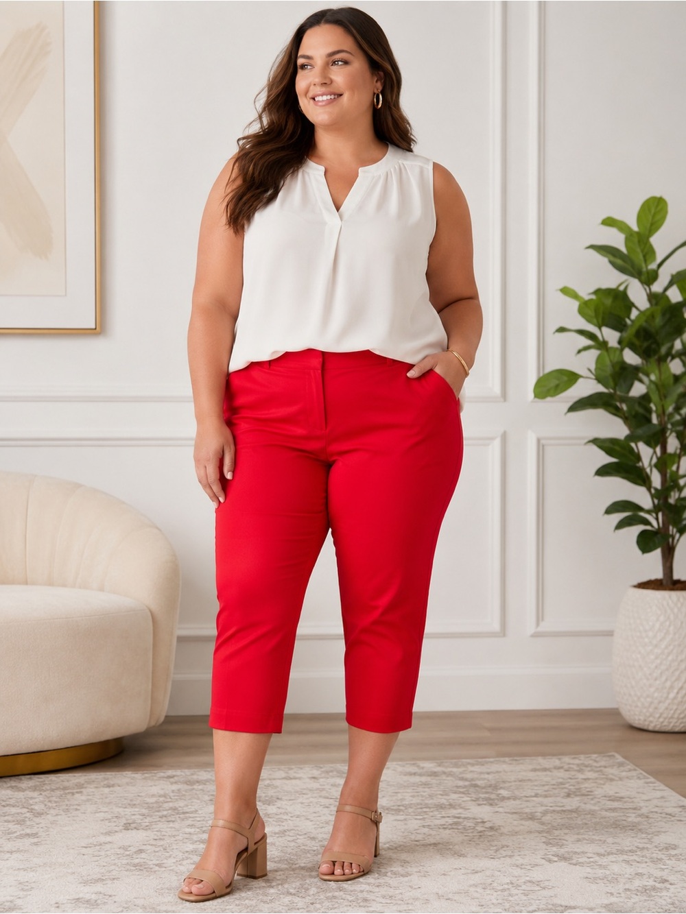Michael Kors Women’s Red Capri Pants Size 16 Stretch Cropped Career Casual
